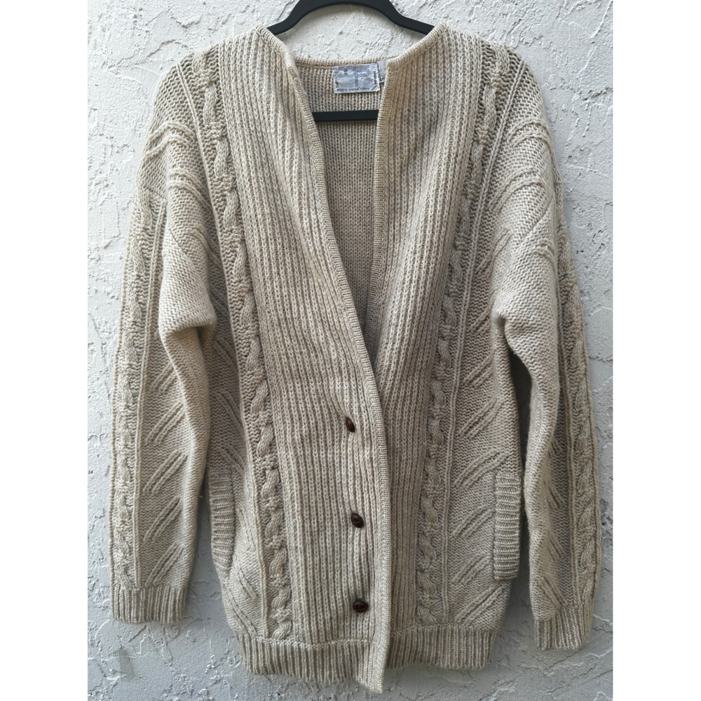 Vintage Peter G's General Stores Wool Cable Knit Cardigan Beige Mens Medium